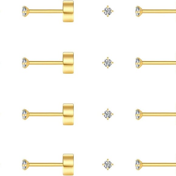 8 Pairs Gold Plated 14K Tiny Flat Back Earrings - Hypoallergenic Studs 2-4mm - Picture 1 of 7